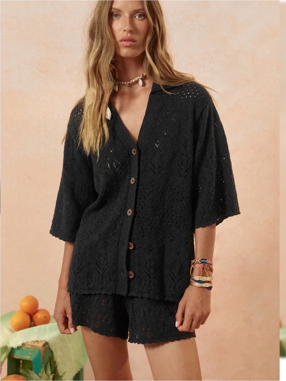 Spell Black Short-Sleeve Knit Button-Down Shirt